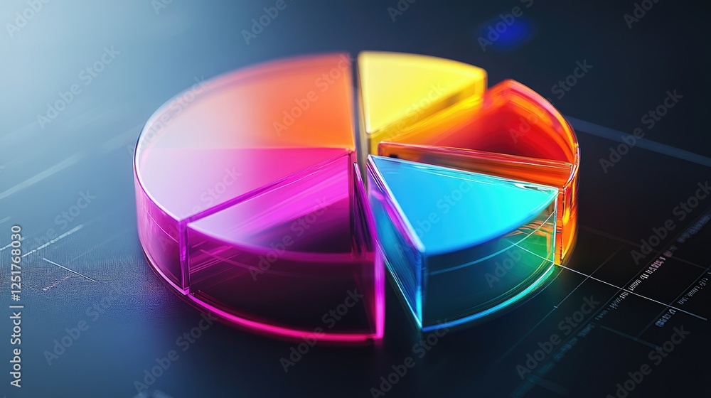 Poster a modern d pie chart with colorful, glass-like slices rotating slightly, highlighting key data point