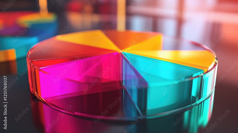 Poster a modern d pie chart with colorful, glass-like slices rotating slightly, highlighting key data point
