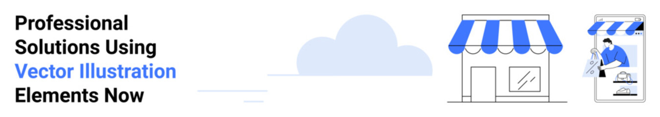 Shop with striped awning next to smartphone screen showing e-commerce activity and cloud element. Ideal for small business, e-commerce, cloud storage, digital marketing, fintech, online sales, flat