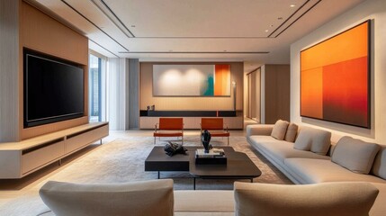 A modern living room featuring minimalist furniture, a sleek entertainment unit, and vibrant artwork on the walls, reflecting contemporary design and an open, airy feel.