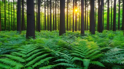Captivating sunrise over lush ferns serene forest nature photography tranquil environment wide angle beauty of nature