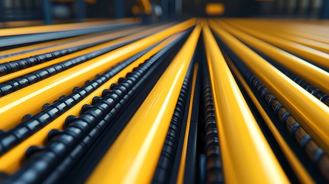 A close-up view of yellow industrial pipes arranged in parallel, showcasing their smooth surfaces and intricate details against a blurred background.