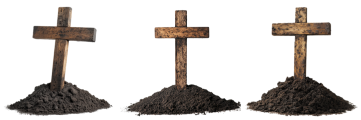 A Set of Wooden Crosses Standing in Ash Heaps for Worship Isolated on Transparent Background