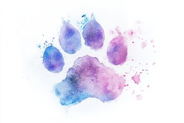 vibrant watercolor paw print in shades of purple and blue, showcasing artistic splashes and textures