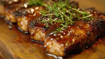 A mouthwatering close-up of succulent pork ribs glazed with a sticky barbecue sauce, garnished with fresh herbs, and served on a rustic wooden platter, evoking a hearty meal.