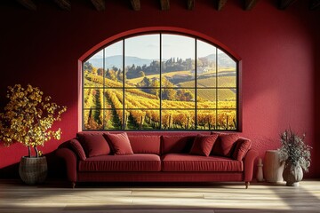 Fototapeta premium Elegant Burgundy Sofa In A Cozy Living Room Overlooking A Lush Vineyard Landscape With Golden Autumn Leaves And Trees View Of The Window View And