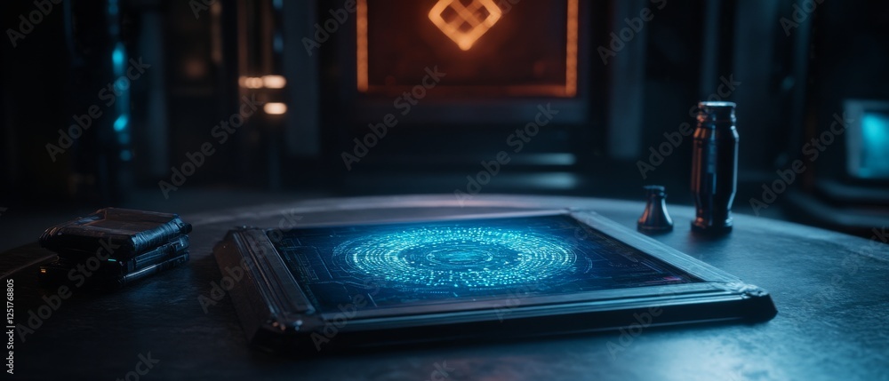 Poster intricate data encryption displayed on futuristic interface, glowing blue