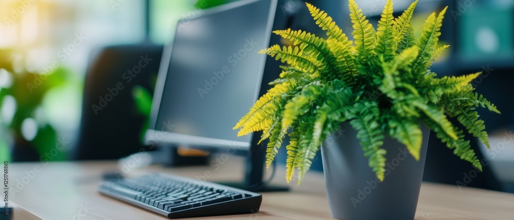 Poster modern workspace featuring computer and vibrant green plant, creating refreshing atmosphere