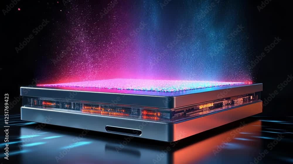 Poster quantum computing server receiving data stream generating colorful particles and bokeh effect on a r