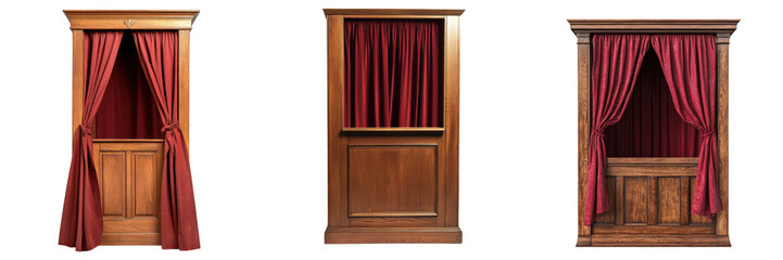A Set of Traditional Wooden Voting Booths with Curtains Isolated on Transparent Background