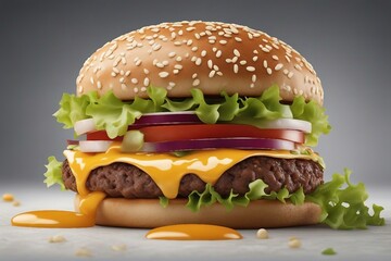 Delicious Meat Burger Loaded with Tasty Toppings. Juicy Meat Burger on a Perfectly Toasted Bread. Generative AI