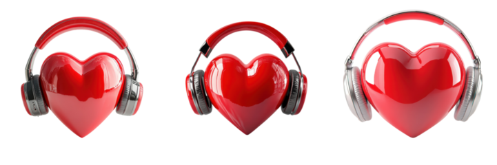 A Set of Playful Red Hearts with Wireless Headphones for Music Lovers Isolated on Transparent Background