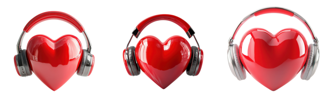 A Set of Playful Red Hearts with Wireless Headphones for Music Lovers Isolated on Transparent Background