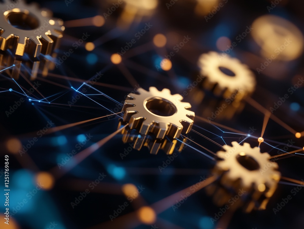Poster craft intricate interconnected network of golden gears and technology