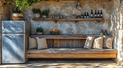 Rustic outdoor kitchen, stone wall, bench, refrigerator, sunny