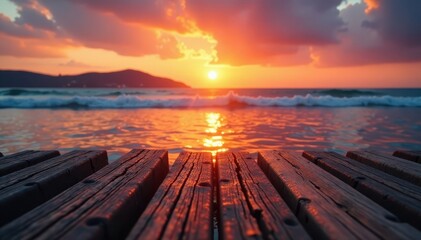 Sunset hues reflect in water, sunglasses rest on weathered planks , shadow, beach