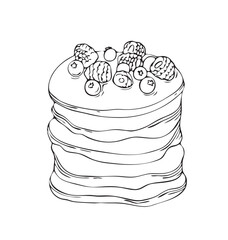 Stack of pancakes with berries. Hand drawn vector illustration. Doodle style