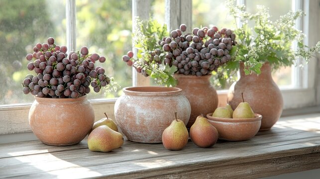Rustic windowsill still life grapes, pears, terracotta pots, garden view