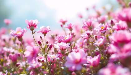 Field of Pink Flowers Blooming in Spring Sunlight with Blue Sky