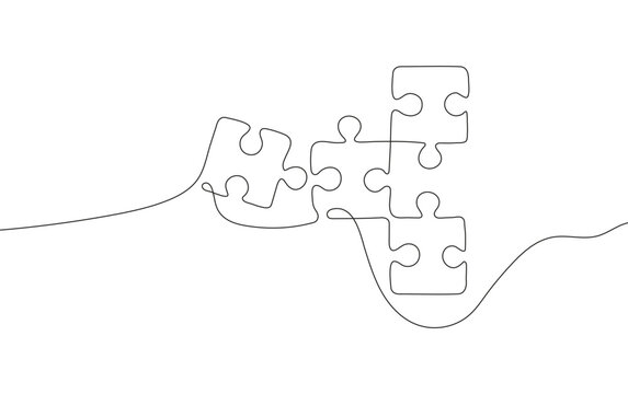 puzzle icon in a continuous one-line drawing style. A minimalist and abstract concept representing problem-solving, teamwork,