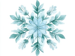 Delicate watercolor snowflake design with icy blue and green leaves