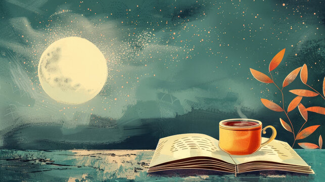 watercolor illustration, World Poetry Day, open book, coffee mug, night starry background, vintage postcard, copy of space, free space for text - Powered by Adobe