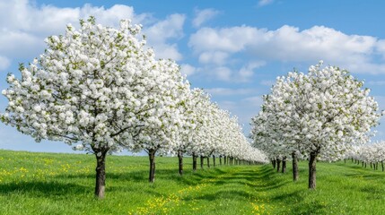 Blossoming cherry trees in spring serene countryside landscape nature photography lush green fields clear blue skies tranquil viewpoint seasonal beauty