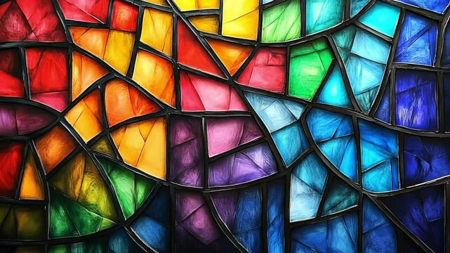A beautiful stained glass window with intricate patterns and vibrant colors, representing religious art, cultural heritage, and architectural beauty.