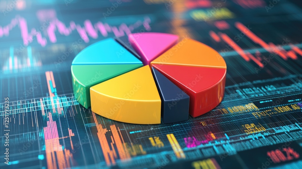 Poster a segmented d pie chart with colorful pieces, each labeled with financial data, set on a digital pla