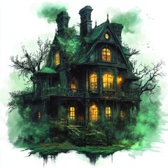 Spooky Haunted House with Eerie Atmosphere and Glowing Windows