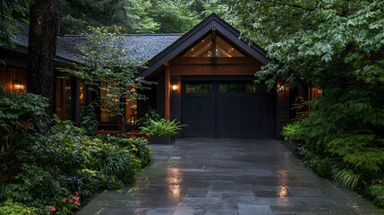 Modern home, rain, forest, driveway, evening