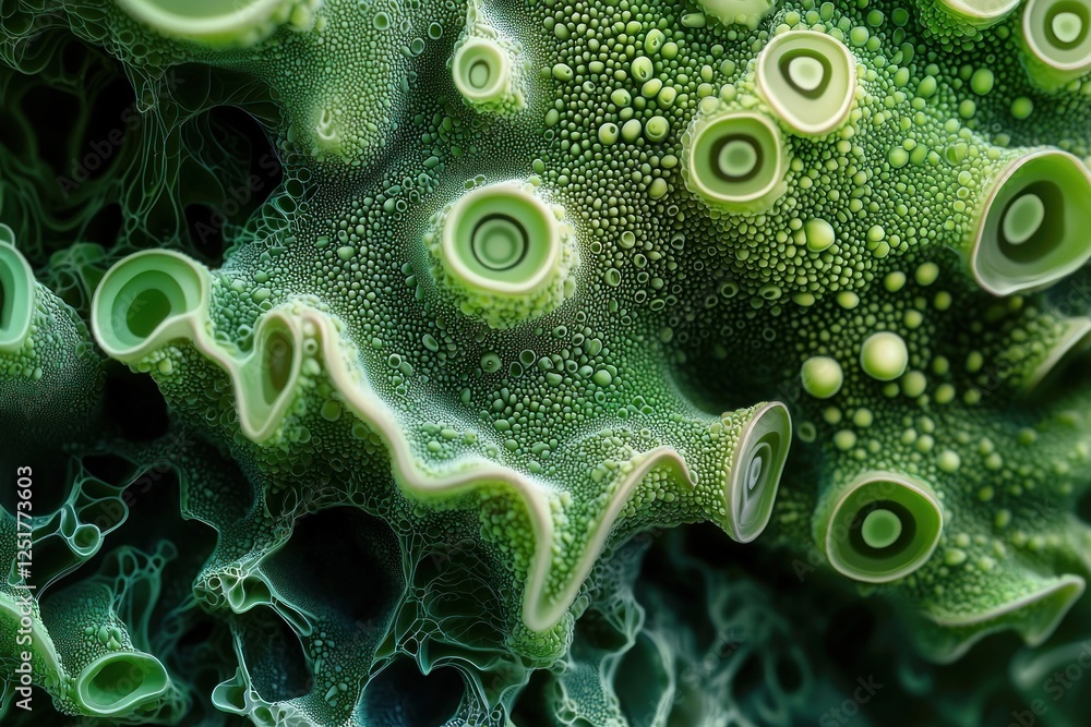 Poster vibrant green bacteria create an intricate design on a textured background, highlighting unique cell
