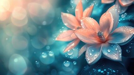 Fototapeta premium A serene image of flowers in a garden, their petals adorned with water droplets that catch the sunlight, creating a dreamy and tranquil scene