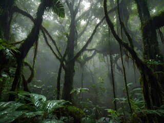Obraz premium Lush Rainforest Foggy Jungle Tropical Trees Mossy Branches Rain