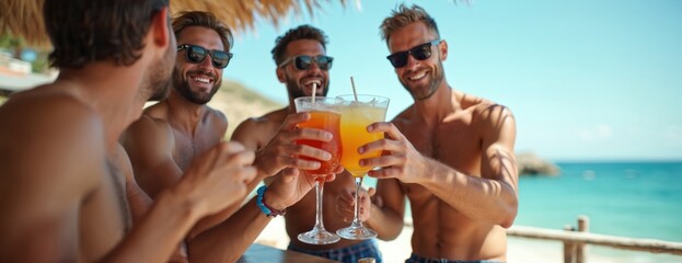 Group cheers moment at beach bar, friends enjoy summer drinks vacation. Men hold cocktails, toast together. Sea on background. Travel, adventure, lifestyle concepts. Joyful people celebrate birthday