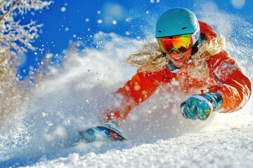 A snowboarder in an orange jacket glides down a snowy slope, surrounded by sunlight and trees, showcasing skill and enjoyment of winter sports