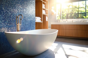Bright and airy bathroom featuring a sleek freestanding tub, blue mosaic tiles, and ample storage with wooden cabinetry in a serene setting