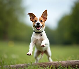 Playful happy smiling pet dog puppy runs, jumps over log in summer. Cute Jack Russell Terrier having fun on the grass. Running, jumping, full of joy, enjoying life.