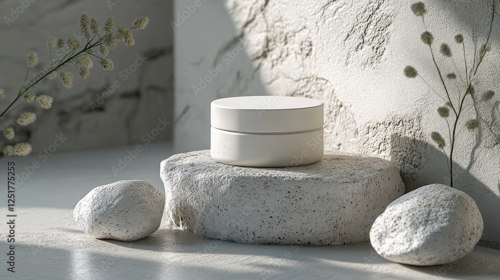 Poster white cream jar elegantly positioned on a rough stone surface, surrounded by smooth pebbles and soft