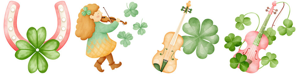 St Patrick's Day holiday and history, A whimsical illustration featuring a girl playing a violin, accompanied by musical instruments and clovers.