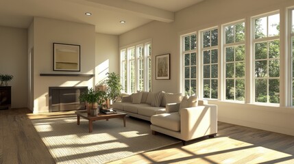 Fototapeta premium A serene minimalist house featuring an open floor plan with large windows that invite natural light, a neutral color palette, and simple yet elegant furniture for a calm and airy atmosphere.