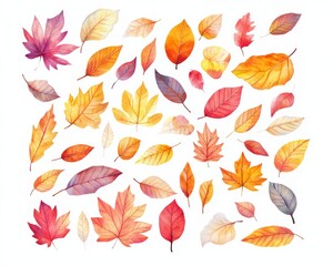 Obraz premium Richly colored watercolor leaves in various shapes and sizes, showcasing autumn hues. Perfect for seasonal decor or design projects