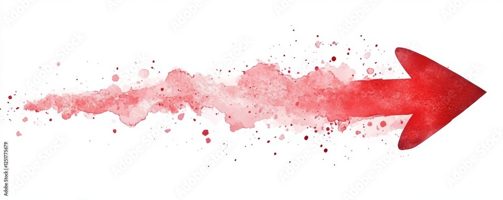 Poster watercolor arrow pointing right with splashes of red paint, symbolizing direction and movement