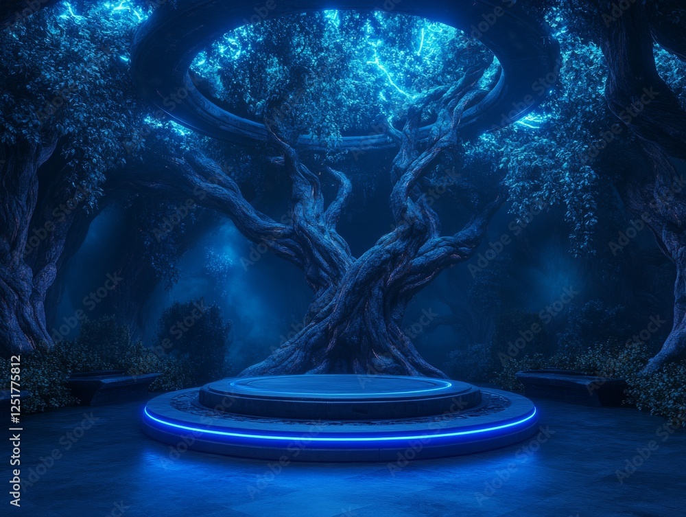 Poster mystical forest scene featuring large, ancient tree illuminated by blue light, creating enchanting a