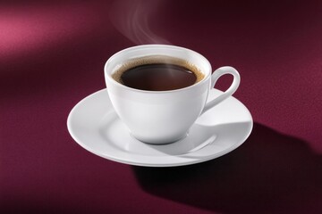 Obraz premium A fresh brew of coffee sits in a white cup, releasing steam into the air, set against a rich burgundy backdrop, evoking feelings of relaxation
