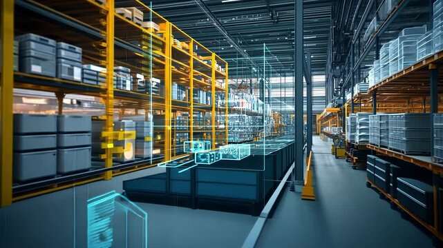 Futuristic warehouse management system using artificial intelligence and augmented reality showing virtual boxes moving on a conveyor belt and shelves with goods