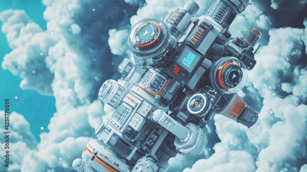 Poster futuristic concept art of sleek robotic device amidst clouds, showcasing advanced technology and int