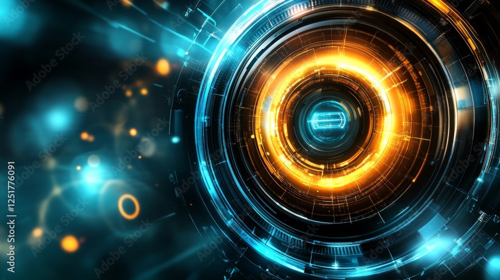 Poster futuristic digital design featuring glowing blue and orange circular patterns, creating sleek and mo