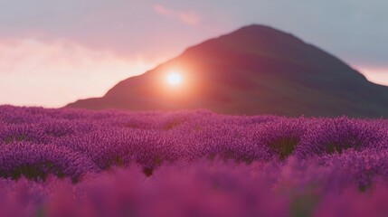 Naklejka premium Sunset over lavender fields nature photography scenic landscape serene environment close-up view tranquil beauty
