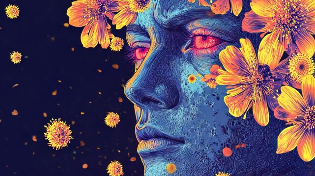 Vibrant conceptual art of floral allergies featuring human face with pollen and flowers highlighted against dark background - allergy concept